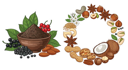 A variety of nuts seeds and spices forming a decorative wreath.