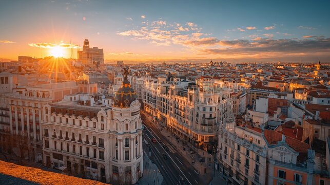 Madrid cityscape with the metropolis building and gran via street during sunset