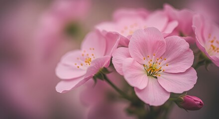 Delicate pink flowers bloom in serene close-up, showcasing vibrant petals and bright centers, embodying fresh beauty and gentle awakening of spring
