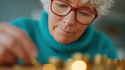 An elderly woman dressed in a blue sweater focuses on counting coins next to a piggybank. The warm indoor atmosphere reflects her attentive and methodical approach to saving money