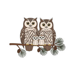 Two adult owls with two owlets perched together on a tree branch vector