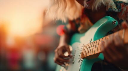 A talented female guitarist focuses on her instrument while practicing with a band. The warm sunset creates a lively atmosphere, enhancing their creative energy