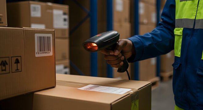 Warehouse worker scanning barcode on a shipping box with handheld device for accurate inventory and efficient logistics