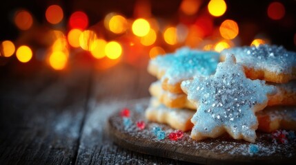 Delicious holiday cookies shaped like stars rest on a wooden board, intricately decorated with blue icing and colorful sprinkles, surrounded by warm, twinkling lights