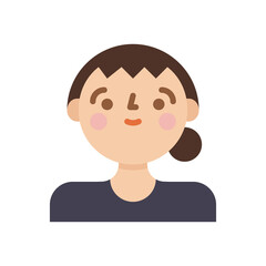 Pixel Art Portrait of a Woman with Brown Hair Tied in a Bun and a Dark Blue Shirt Against a Transparent Background