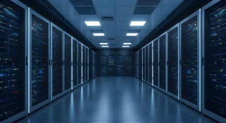 Illuminated corridor in a vast data center, showcasing rows of advanced server racks and powerful network infrastructure, representing global digital connectivity and information technology