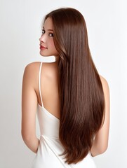 Naklejka premium A woman with long straight brown hair is shown from the back wearing a white dress, highlighting her beautiful and sleek hair.