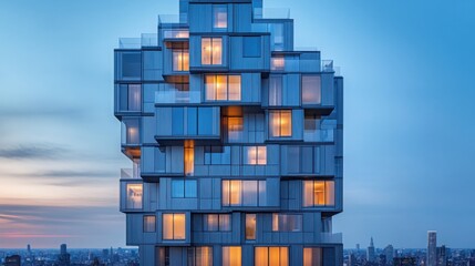A striking ceramic facade system adorns an urban residential building at dusk, with warm lights glowing from the balconies, highlighting modern design elements and materials.