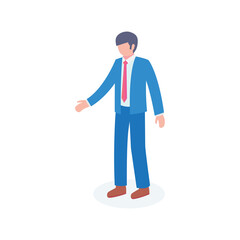 Pixel Art Man In Blue Suit And Red Tie Standing On Circular Base Isolated On White Background Offering Hand