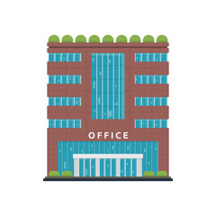 Pixel Art Office Building With Glass Windows And Green Roofline On A White Background