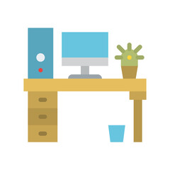 Pixel Art Office Desk Setup With Computer Monitor Tower And Potted Plant On Transparent Background