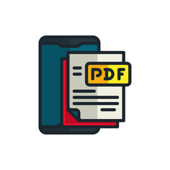 Pixel art of a smartphone displaying a document with a PDF icon on a transparent background representing online document management and digital files