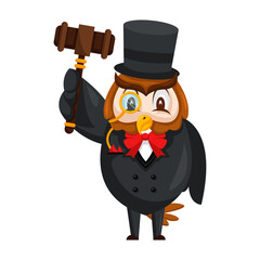 Pixel Art Owl Character Dressed as Auctioneer Holding Gavel and Wearing Top Hat Monocle and Bowtie on Transparent Background