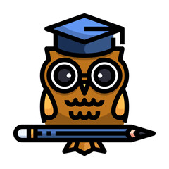 Pixel Art Owl Icon Wearing Graduation Cap and Glasses Holding Pencil On Transparent Background For Education And Knowledge Concept