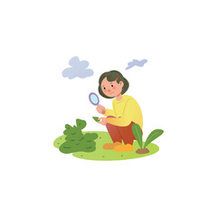 Young Person Inspecting Green Leaves With Magnifying Glass Outdoors Under Soft Daylight With Small Clouds In The Sky And A Transparant Background