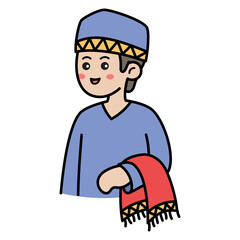 Young Muslim Man Wearing Blue Kufi Hat and Blue Tunic Holding Red Scarf with Decorative Trim in a Cheerful Illustration