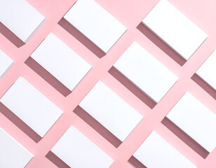 Blank white cards arranged neatly on a pastel pink surface creating a minimalist and clean aesthetic, perfect for showcasing branding or marketing materials.