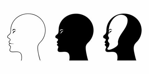 Three stylized profile silhouettes of human heads in black and white representing different perspectives and ideas