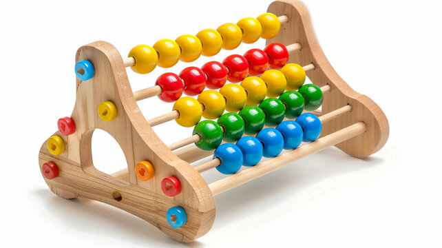 A classic wooden toy abacus with brightly colorful beads, used as a tool for teaching early math to children.