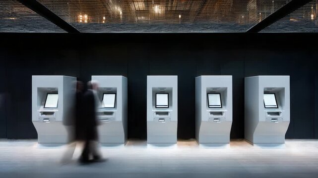 A Modern Banking Environment Featuring Multiple Automated Teller Machines, Highlighting the Interaction Between Users and Technology in a Sleek Interior Design