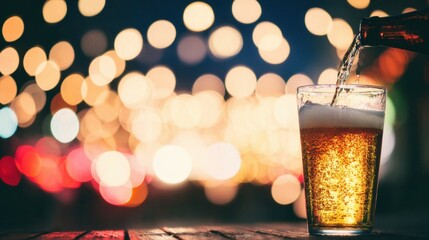 Golden beer flows into a glass, creating a frothy top. The scene is brightened by festive lights in the background, adding a joyful atmosphere to the occasion