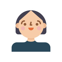 Pixel Art Portrait Of A Smiling Person With Short Dark Hair And Rosy Cheeks Wearing A Dark Blue Top On A Transparent White Background