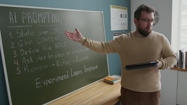 Medium shot of geeky young male Caucasian teacher in glasses, with beard conducting lesson on artificial intelligence software prompting to generate content at computer education lesson in school