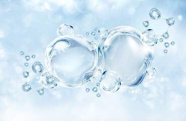 water bubble molecule, blue glitter background