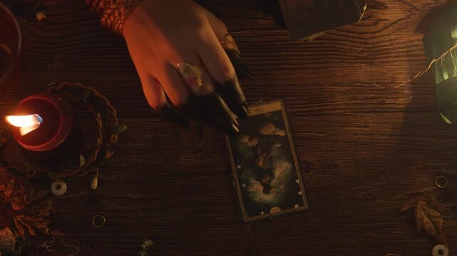Fortune teller's dark fingers arranging tarot cards on a rustic wooden table, performing occult divination ritual readings by candlelight, predicting future energies and mystic insights