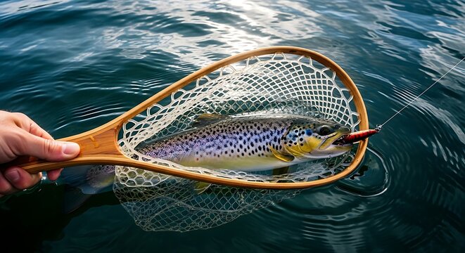 Trout Fishing Catching Fish with Net Fisherman Holding Aquatic Trophy Recreational Outdoors Activity Water Reflection - Powered by Adobe