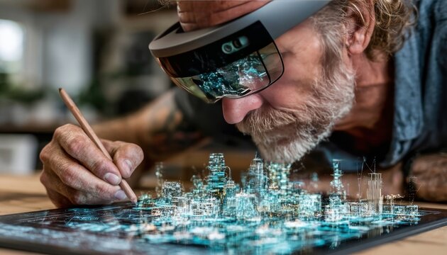 Business consultant using augmented reality to showcase business models