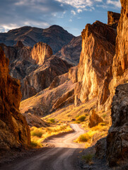 Fototapeta premium Dramatic mountain landscape with a winding dirt road at sunset