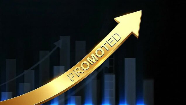 Golden arrow with text promoted pointing upwards over a bar chart