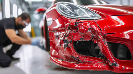 Fototapeta premium Damaged red sports car with severely crushed front bumper being assessed by a mechanic wearing a face mask in a bright auto repair workshop environment