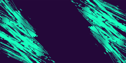Abstract Grunge Design with Green Brush Texture on Purple Background with Halftone Style. For Sport Banner or Poster Design Elements