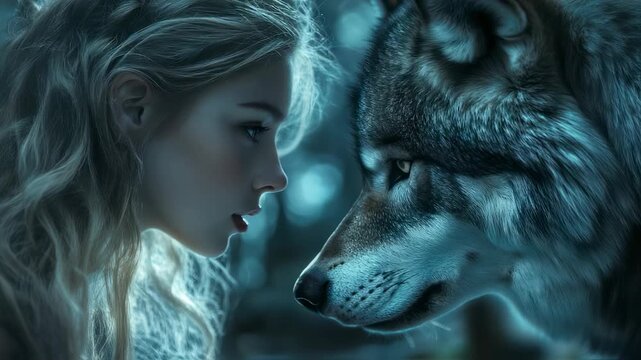 Enchanting encounter between a beautiful blonde woman and a majestic wolf in a magical setting