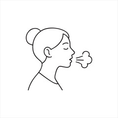 Stylized Vector Illustration of a Woman Breathing Outwards Indicating Exhalation or Illness in a Minimalist Black and White Design