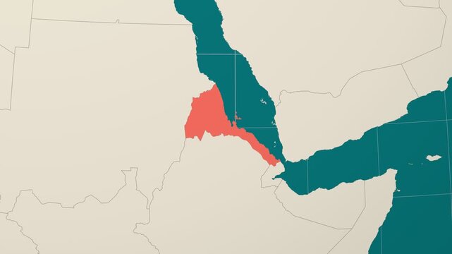 Eritrea map. Animated zoom into the country on the Globe in Teal Pale Mint color palette. Country logo animation. Map with meridians, parallels. Alive video.