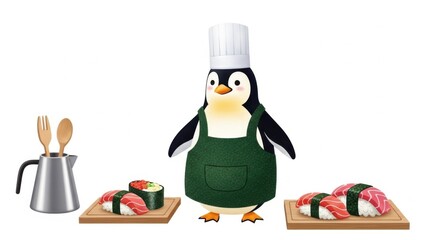 Fototapeta premium Adorable penguin chef dressed in a green apron and white hat preparing delicious sushi dishes on wooden boards with utensils nearby