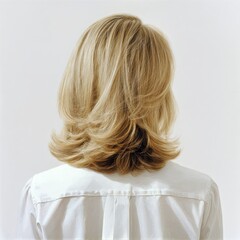 Naklejka premium Back view of a woman showing medium length blonde layered hair, wearing a white shirt, focusing on hairstyle details.