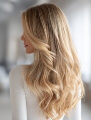 This image features long wavy blonde hair with subtle highlights, showcasing soft curls and an elegant appearance.