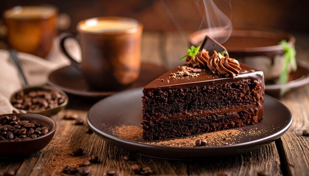 A slice of rich, chocolate cake with frosting, coffee, and beans on wood. Steam rises