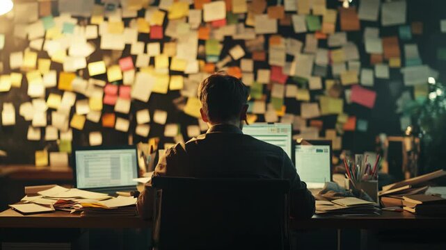 Overworked businessman sitting at cluttered desk facing wall covered with sticky notes, symbolizing stress, deadline pressure, burnout, office overload, mental exhaustion, multitasking and modern work