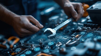 Close-up of technician repairing computer hardware with wrench.
