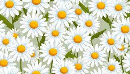 A field of white daisies with yellow centers and green leaves against a muted green background