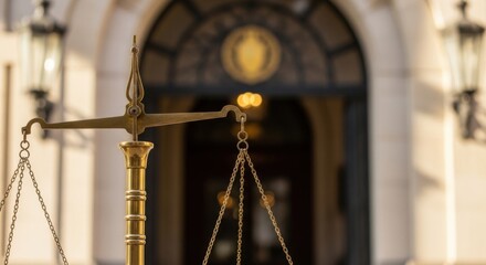 Scales of Justice representing legal fairness and impartiality outside a grand government building symbolizing law and order