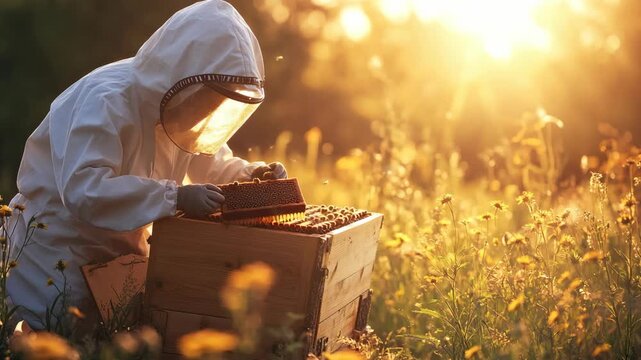 A female beekeeper is diligently tending to her bees in a serene field during a picturesque sunset, showcasing the beauty of nature and emphasizing the importance of sustainability in our ecosystems