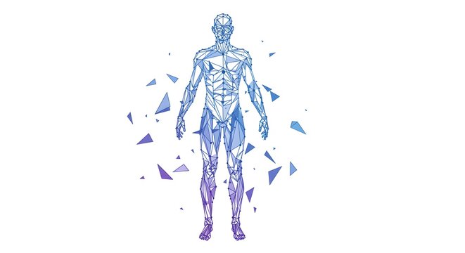 A humanoid figure depicted with geometric shapes, breaking apart, gradients, and a white background