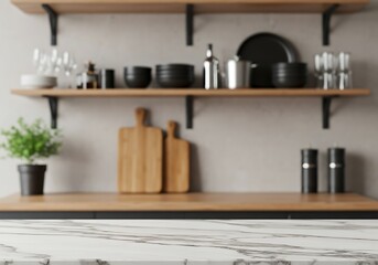 Stylish marble tabletop on wooden platform with copyspace for your logo at blurry kitchen utensils and dishes on light wall background. 3D rendering, mock up