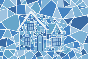 Stylized geometric mosaic illustration of a house in blue tones, symbolizing home, comfort, and architecture. Modern abstract building art